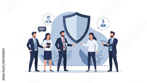 Business Team Protecting Shield with User Icons, Security Concept