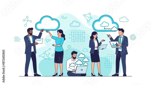 Business Team Collaborating on Cloud Computing Technology and Data Analysis