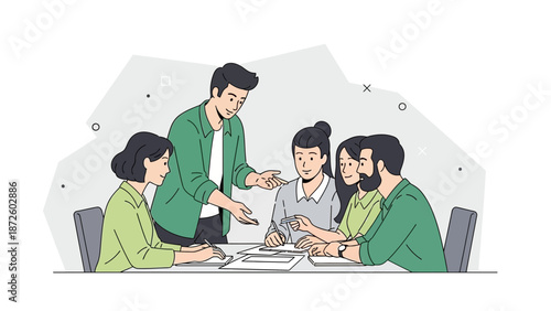 Diverse team collaborating around a table, brainstorming ideas, modern flat illustration