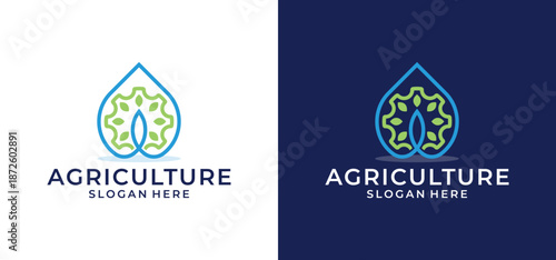 Combination of blue and green leaves forming a modern agriculture logo showing a blend of farming techniques. Suitable for agriculture branding.