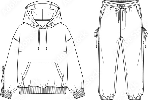 Hoodie and jogger pants technical drawing, front view apparel set, fashion clothing template, sweatshirt tracksuit outline, cad drawing flat vector illustration