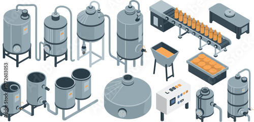 Isometric industrial beverage processing plant equipment illustration showing tanks pipelines bottling line machinery for factory production workflow system