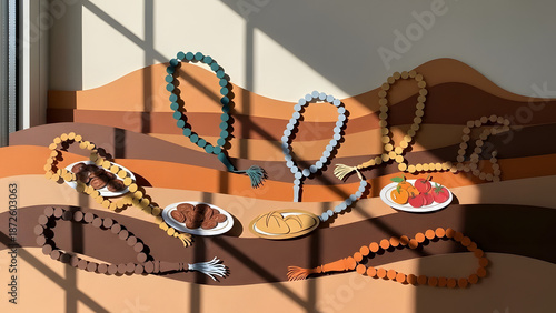 An artistic arrangement featuring prayer beads and food, with a focus on textures and colors