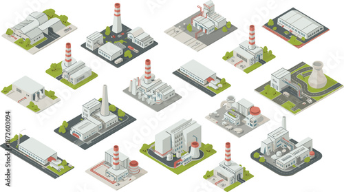 Isometric industrial factory buildings illustration set showing power plants manufacturing facilities warehouses infrastructure for energy production industrial development