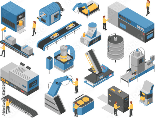 Isometric industrial manufacturing factory workflow illustration showing automated machines conveyor systems workers robotics production equipment assembly process