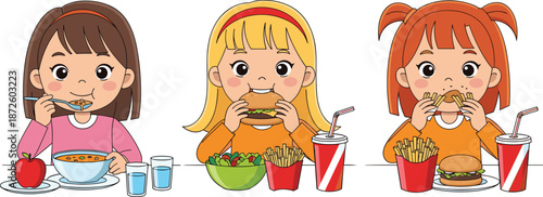 Children eating healthy and unhealthy food comparison illustration, kids nutrition concept, fast food versus balanced meal vector design