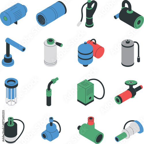 Isometric industrial pumps and motors vector set showcasing hydraulic pneumatic equipment components for factory automation engineering systems design