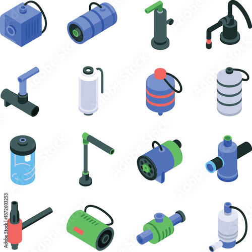 Isometric industrial pumps motors and valves vector collection for hydraulic pneumatic machinery automation engineering factory systems design illustration equipment set