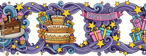 Colorful birthday celebration banner illustration with cake gifts stars cupcakes ribbon frame festive party vector background design artwork kids holiday