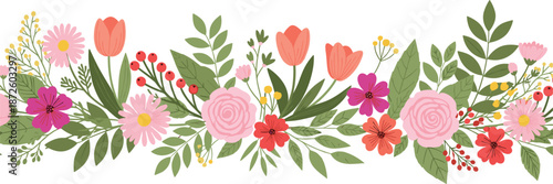Colorful floral border vector illustration, spring flowers arrangement, decorative botanical elements, romantic garden design, seamless nature composition, flat style artwork