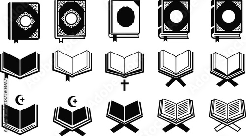 Islamic book and Quran icon set vector illustration, black silhouette open holy books symbols, religious education, worship, learning concept, minimalist graphic design