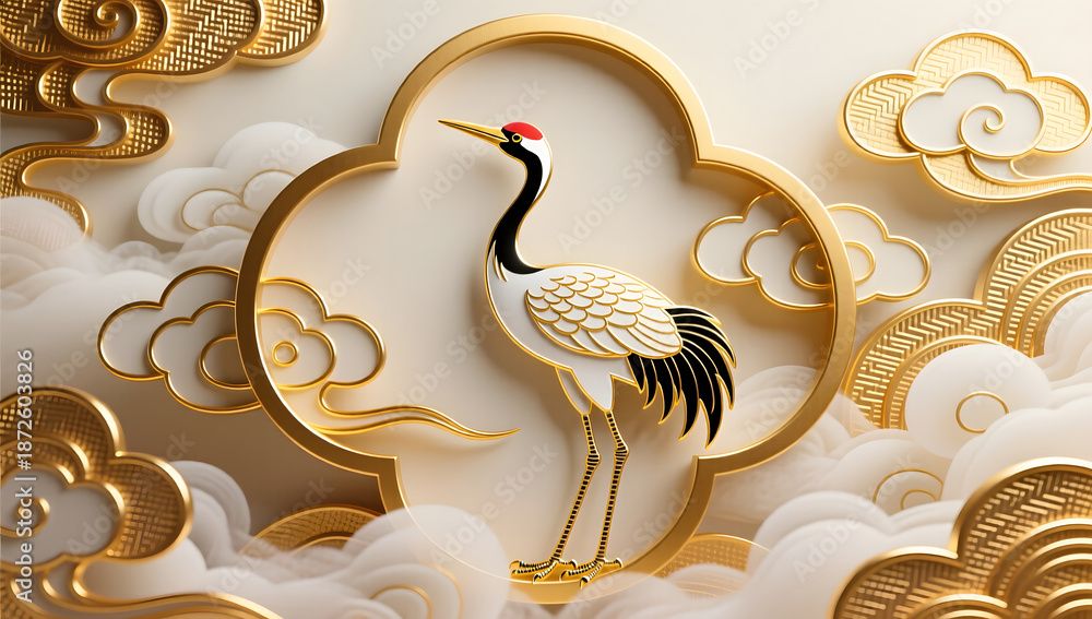 Obraz premium Elegant golden outlined cranes flying in layered auspicious clouds