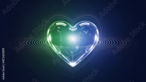 Vibrant glossy 3D heart glowing with green and blue light against a dark abstract background for health, love and digital connection concept