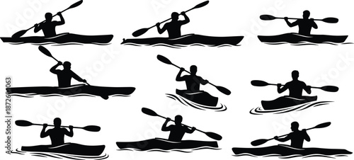 Kayaking sport silhouette vector illustration set, canoe paddling action poses on water, outdoor adventure activity, rowing athlete icons, black minimalist design