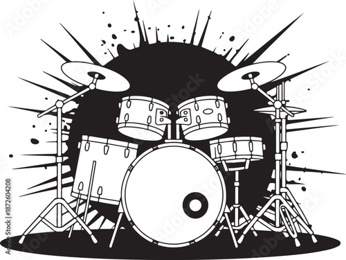 Drum kit with explosion and splash elements vector illustration