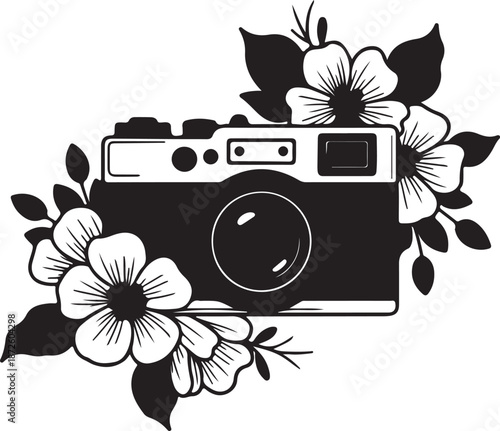 Retro camera with flowers and leaves vintage photography equipment monochrome vector illustration for photographers and creative