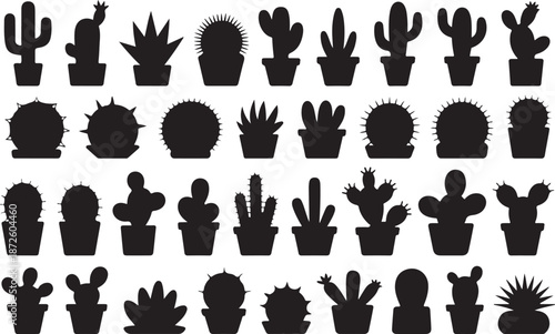Cactus silhouette icons set featuring various desert succulent plant shapes in black solid style for nursery and nature projects