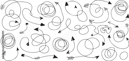 Doodle arrow collection with hand drawn messy scribble lines and tangled black swirls for creative navigation and visual paths