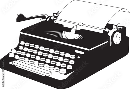 Vintage black and white typewriter illustration with paper sheet showing retro manual writing machine on transparent background