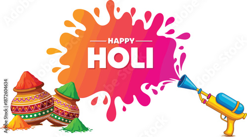 Happy Holi festival vector illustration with colorful liquid splash yellow pichkari water gun and decorative clay powder pots.