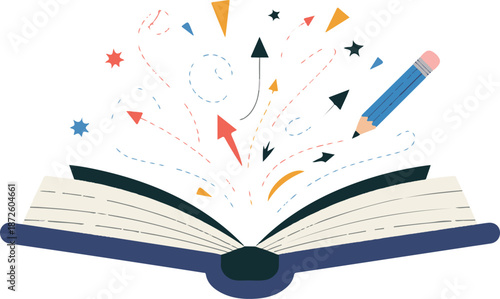 Open book with creative ideas and colorful shapes flying out including pencil stars and arrows symbolic of education and learning