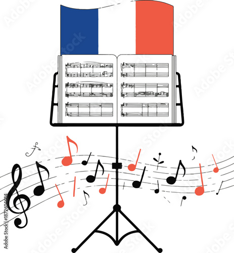 Music stand with sheet music and french flag colors with various notes and symbols floating in front of professional tripod base