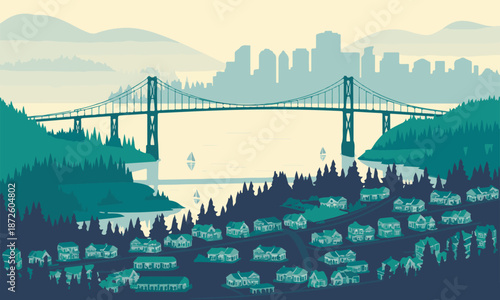 Scenic coastal town landscape with bridge over water and mountains behind forest neighborhood captures peaceful morning scenery