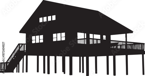 Stilt house silhouette with stairs and deck balcony represents coastal architecture or vacation cottage on transparent background
