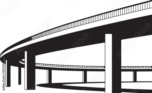 Modern city overpass bridge silhouette with curved highway road and concrete pillars vector illustration isolated on transparent