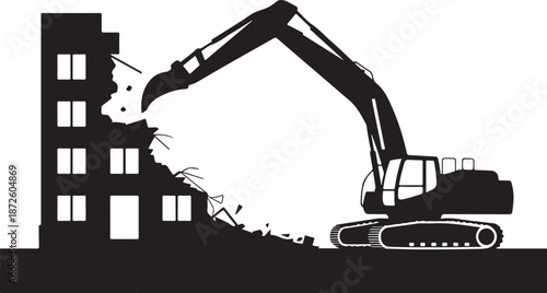 Heavy excavator machine demolishing old building silhouette vector illustration of construction equipment at work site isolated