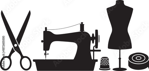 Collection of sewing and tailoring tools including scissors, sewing machine, mannequin, thimble, and measuring tape silhouette
