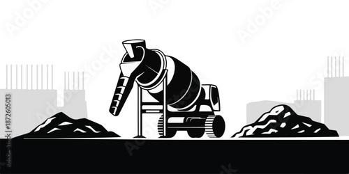 Construction scene with a concrete mixer truck surrounded by piles of sand and unfinished buildings in a monochrome style