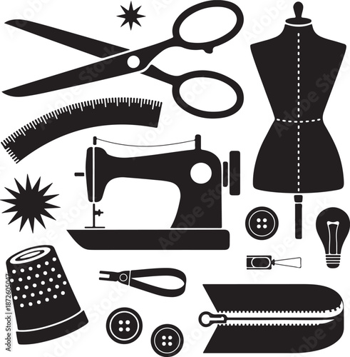 Assortment of sewing and tailoring items like scissors, sewing machine, mannequin, thimble, buttons and fabric in silhouette