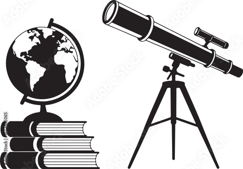 Science education and exploration concept illustration astronomical telescope tripod stand terrestrial globe and stack of hardcover school books silhouette