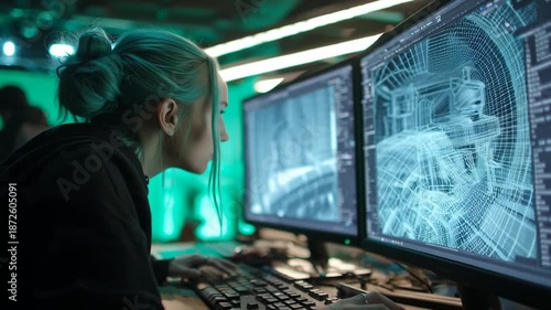 Hacker with Blue Hair Working on Complex Computer Code.