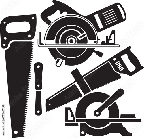 Collection of carpentry power tools including circular saws and hand saws for woodworking and construction tasks
