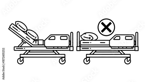 Hospital Bed Position Correct and Incorrect Posture Line Art Medical Illustration