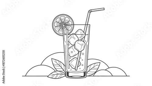 Lemonade Glass with Ice and Lemon Slice Line Art Illustration Summer Drink