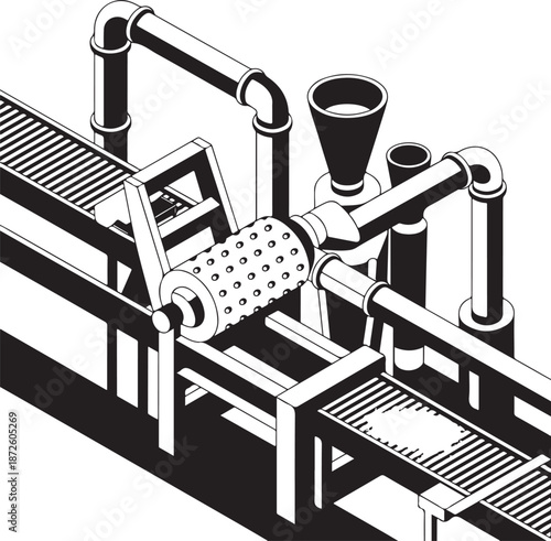 Isometric industrial machinery with conveyer belt and rollers black and white vector illustration on transparent background