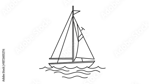 Sailboat on Water Line Art Black Outline Simple Vector Illustration Nautical Design
