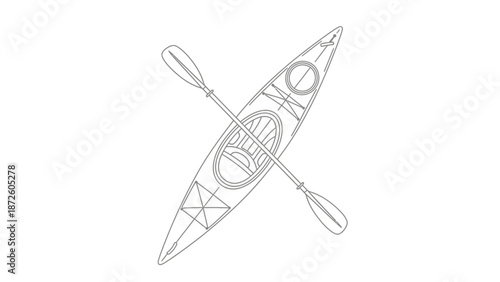 Kayak with Paddles Line Art Black Outline Top View Vector Illustration