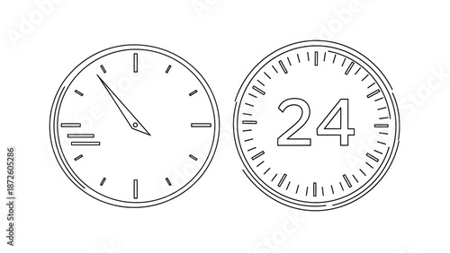 Clock Icons Set 24 Hour Service Outline Black and White Vector Illustration