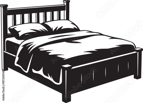 Wooden bed frame with pillows and duvet vector illustration featuring cozy bedroom furniture in classic black and white drawing