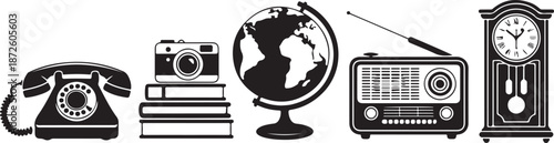 Collection of vintage technology and educational items as black silhouettes on transparent background for creative use