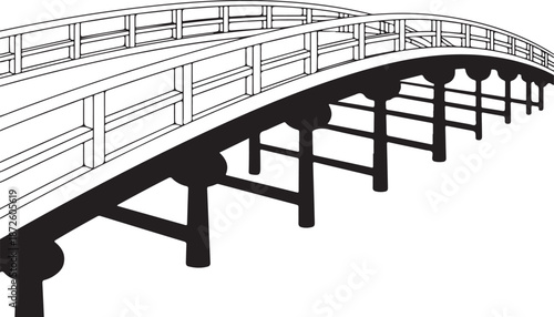 Arched wooden bridge structure depicted in detailed black and white sketch perspective isolated on transparent backdrop