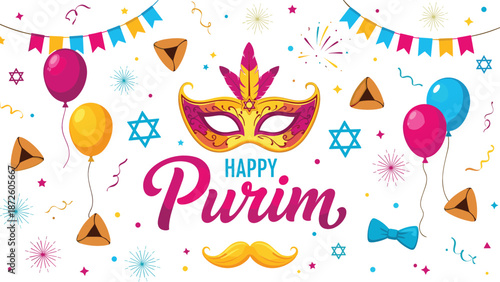 Happy Purim vector illustration featuring a decorative gold mask with pink feathers hamantaschen cookies and colorful festive balloons.