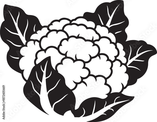 Healthy cauliflower vegetable head with large surrounding leaves illustrated as solid black shape for organic food concepts