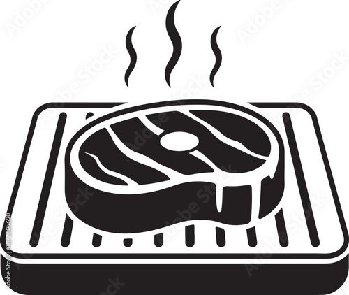 Grilled steak on grill pan vector illustration isolated on transparent background black and white hand drawn meat beef pork sketch