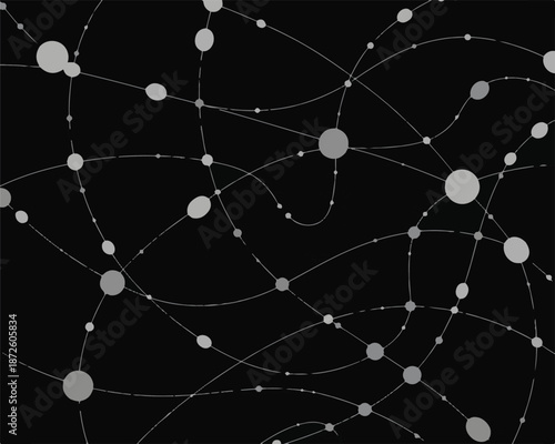 Abstract network of connecting lines and circles on black background, digital art, futuristic concept, technology, data, communication, science