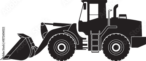 Silhouette of construction front loader machine with large bucket and big wheels for heavy material handling and earthmoving work
